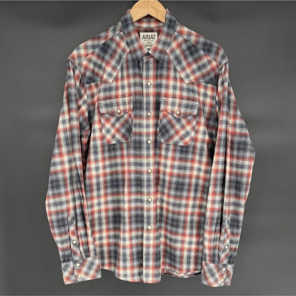 Ariat Men's Western Marble Pearl Snap Shirt L Red Gray Plaid Long Sleeve Rodeo